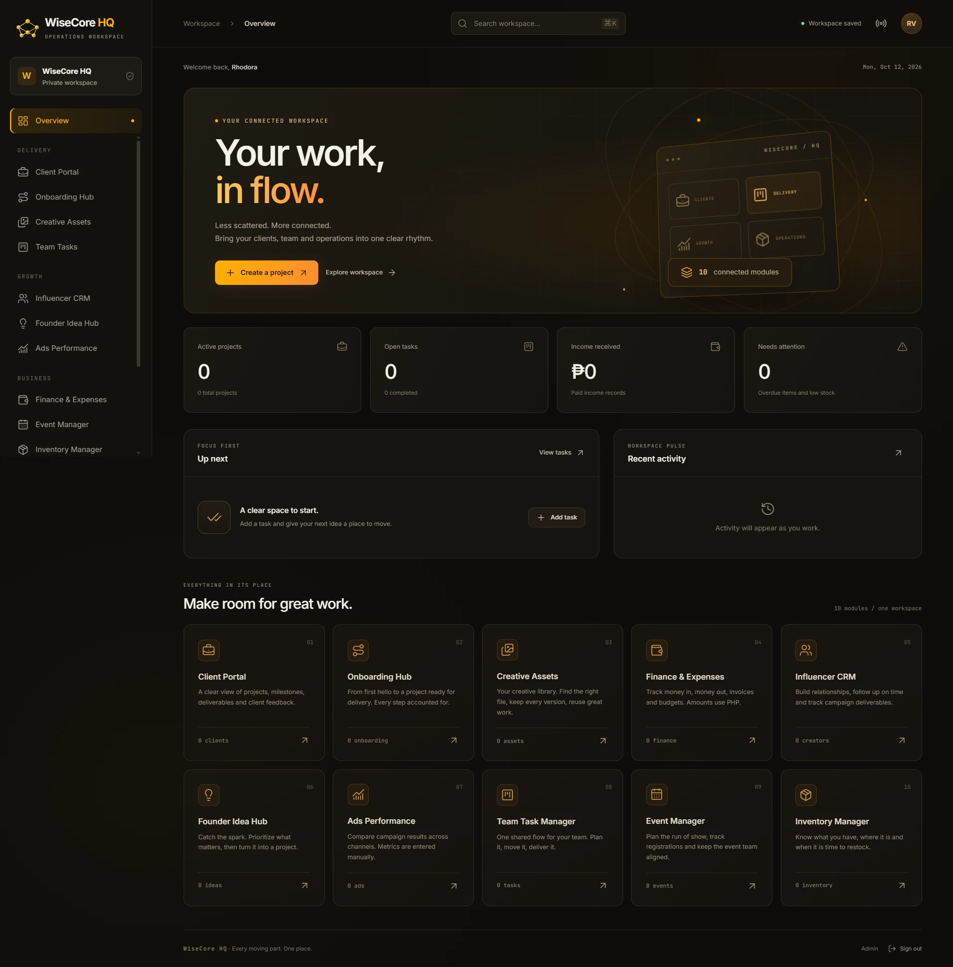 WiseCore HQ overview showing client delivery, team tasks, finance, and business workspace modules